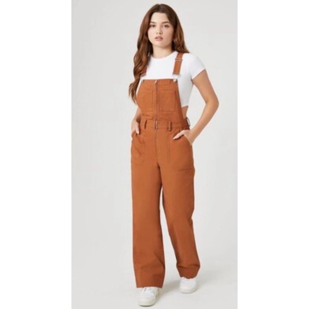 Women's Forever 21 Y2K Wide Leg Overalls Sz XL Coyote Brown Zip Front 29" Ins